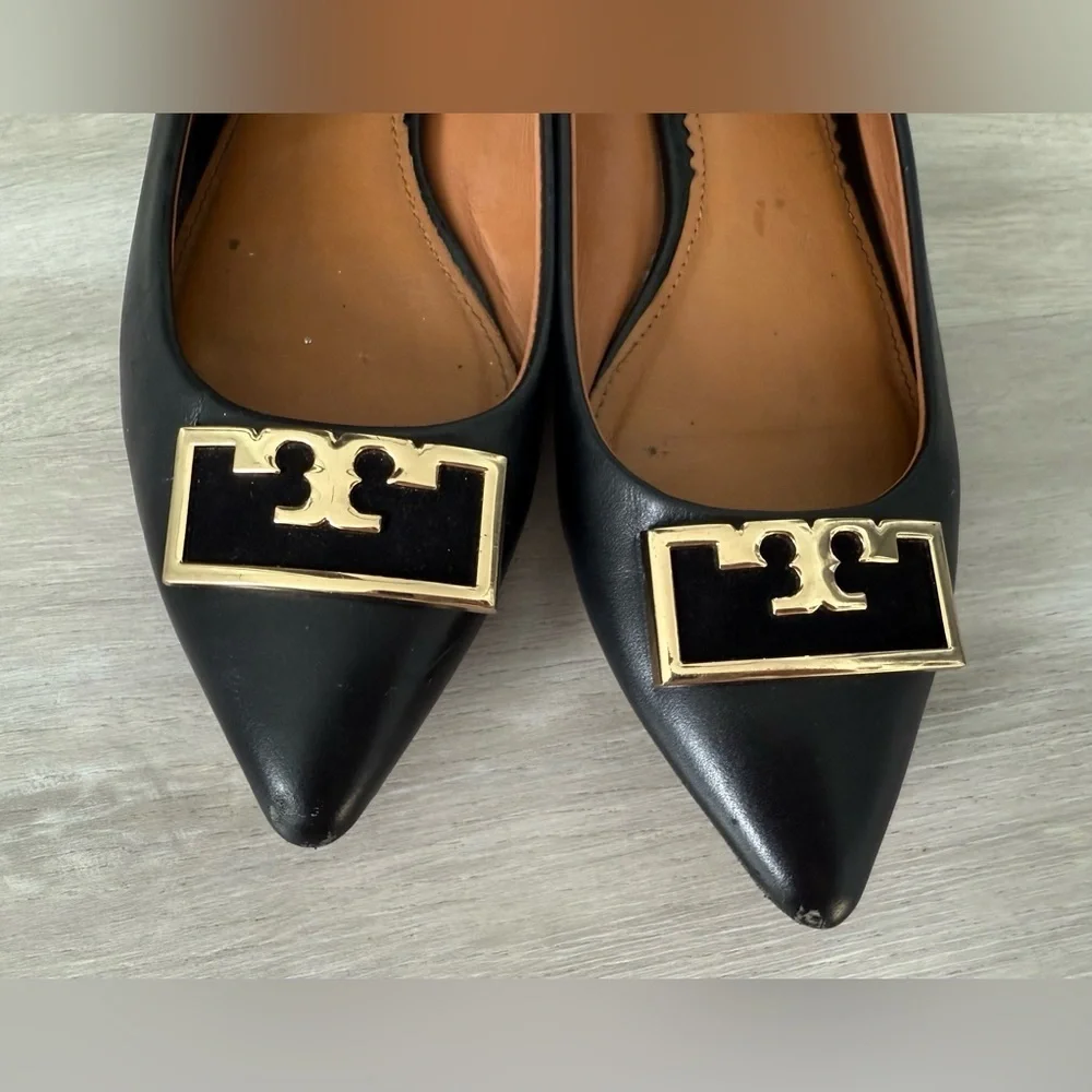 TORY BURCH Suede-trimmed Embellished Leather Point-toe Flats In Perfect Black 7